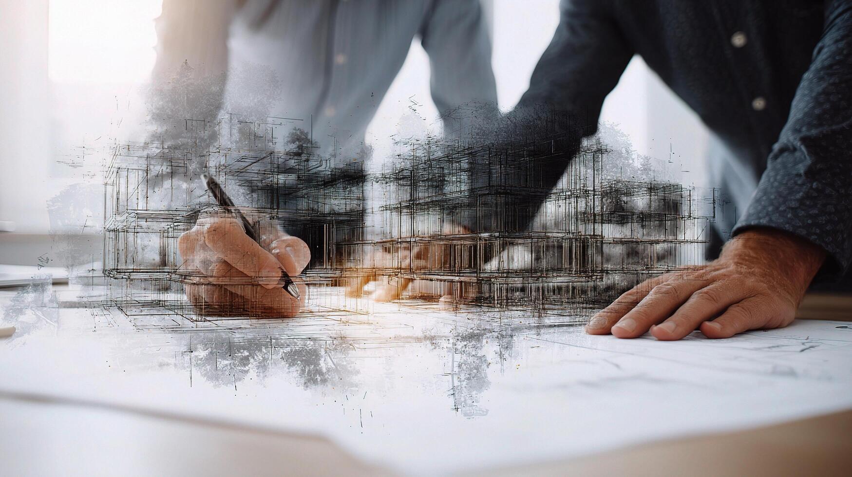 Two people are working on a blueprint of a building photo