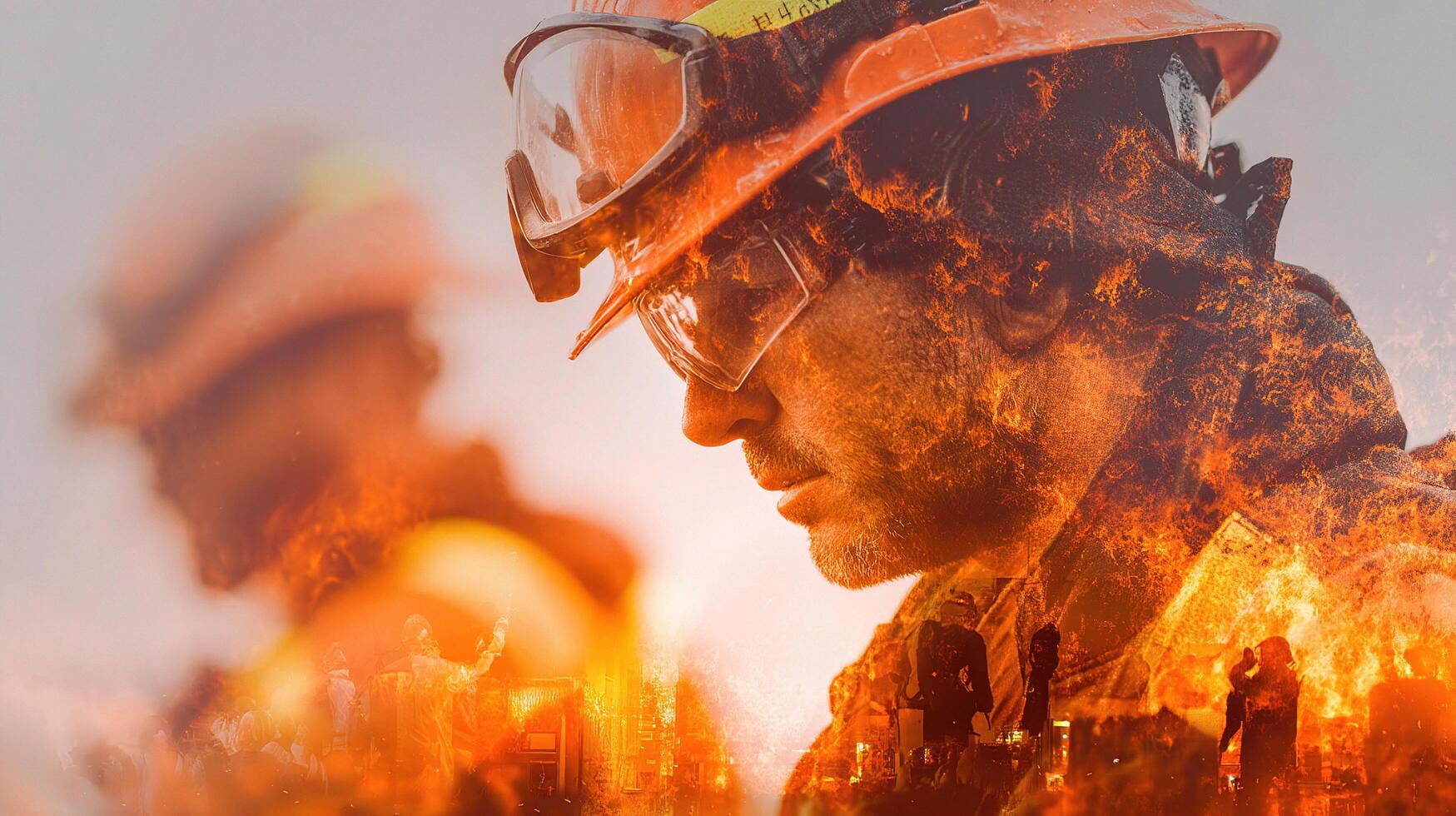 A firefighter is in the middle of a fire photo