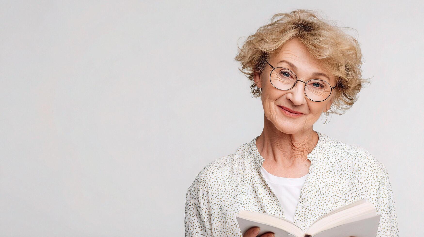 An older woman with glasses reading a book photo