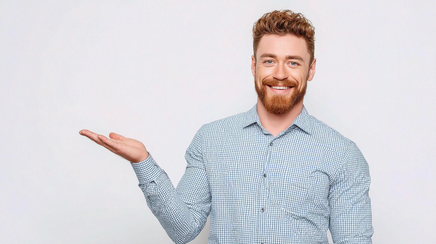 A man with red hair and beard is holding something photo