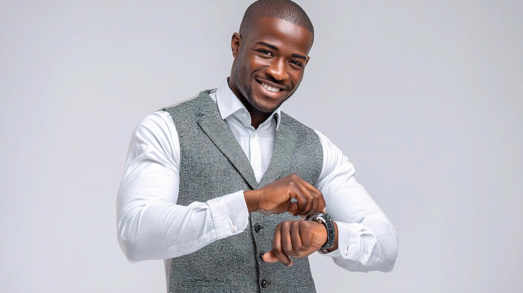 A man in a vest is smiling and looking at his watch photo