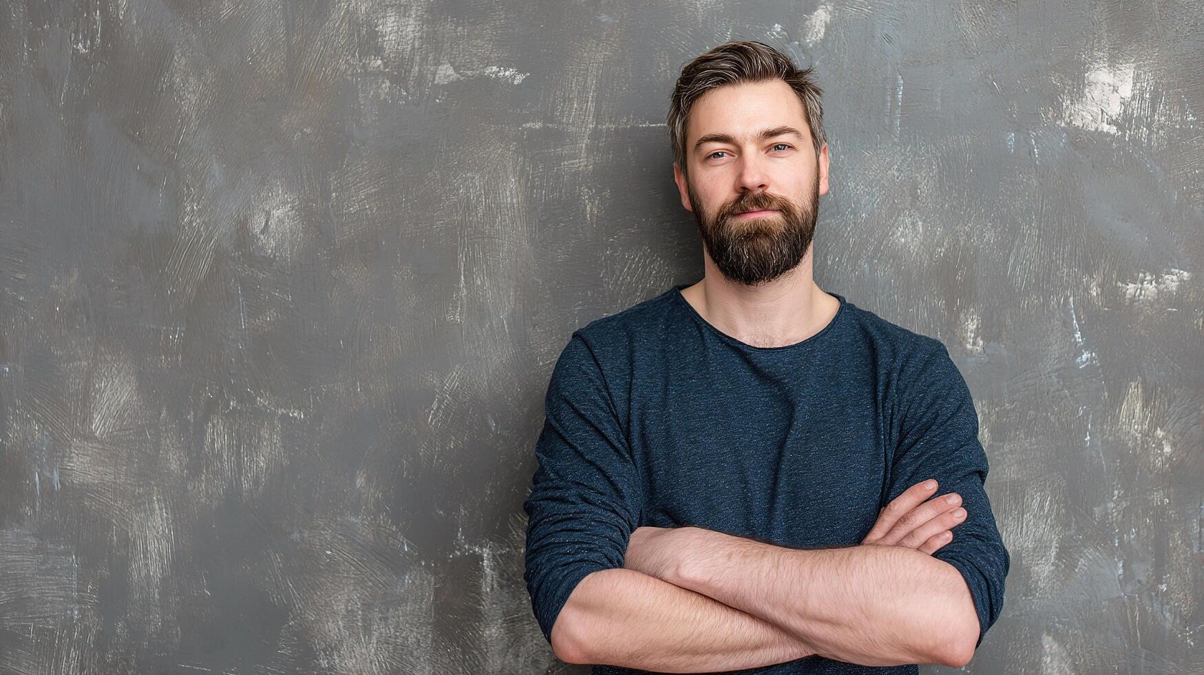 A man with a beard and a blue shirt is standing in front of a wall photo