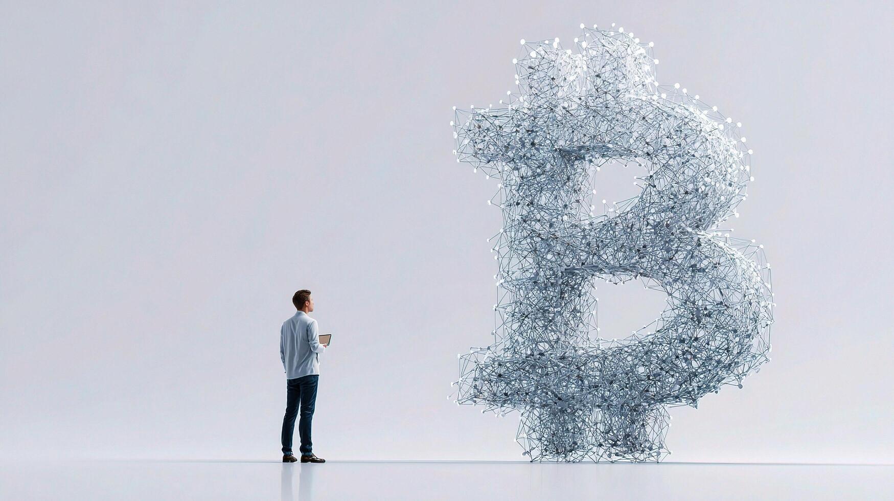 A man standing in front of a bitcoin made of plastic photo