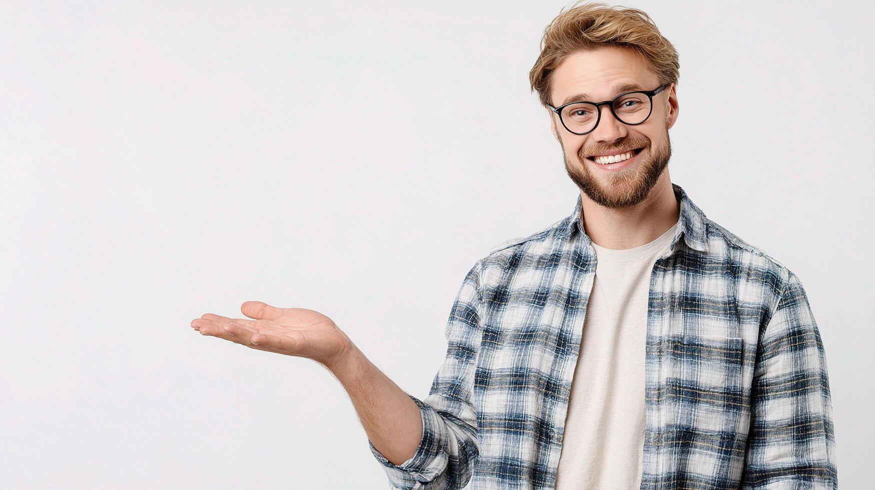 Smiling man with glasses and plaid shirt holding something photo