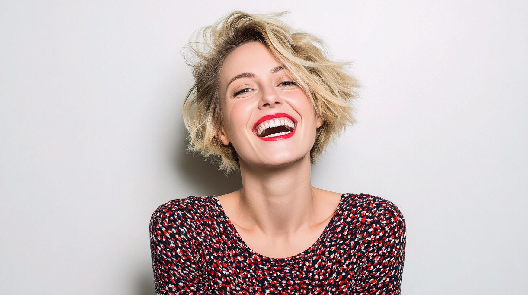 A woman with short hair and red lipstick photo