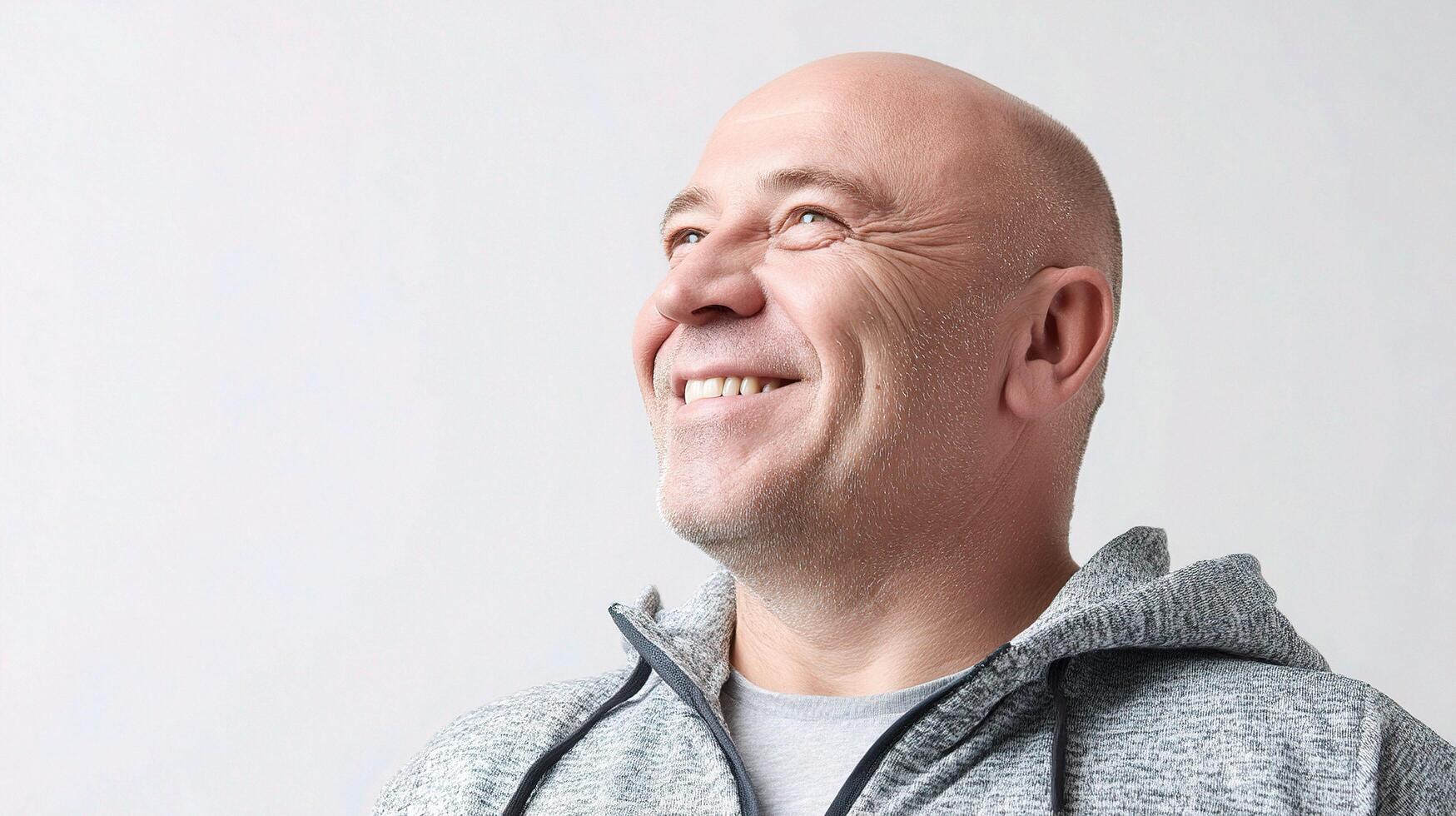 A bald man in a gray sweatshirt smiling photo