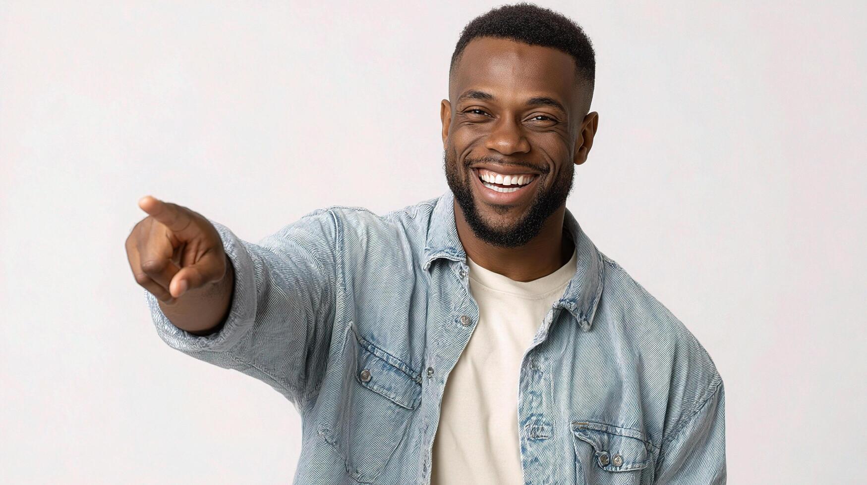 A smiling black man pointing at something photo