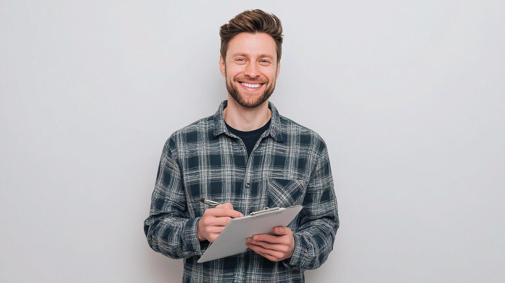 A smiling man holding a clipboard and looking at the camera photo