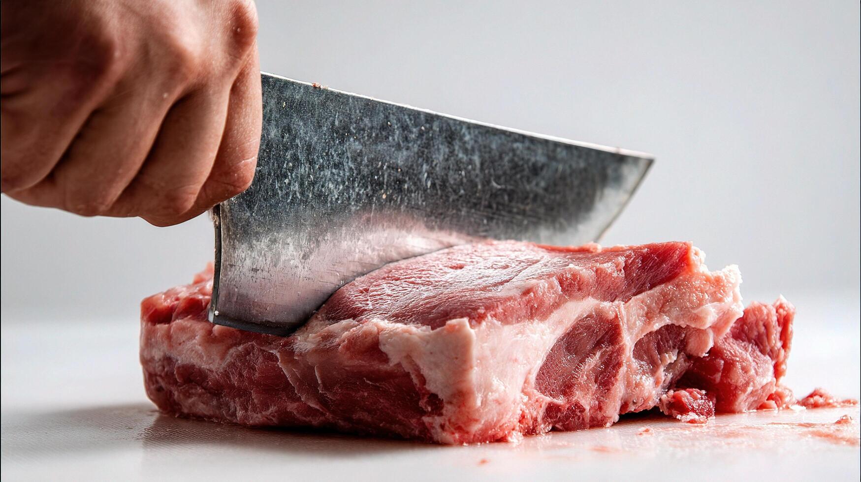 A person cutting meat with a knife photo