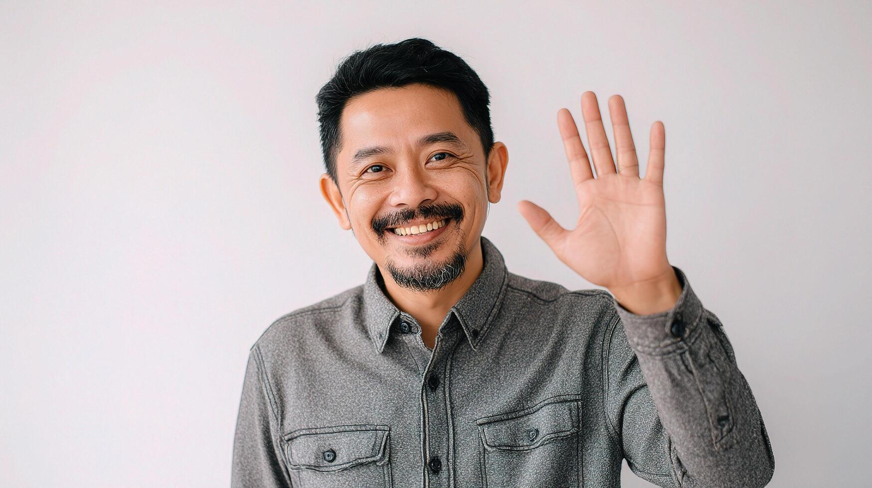 A man is smiling and waving his hand photo