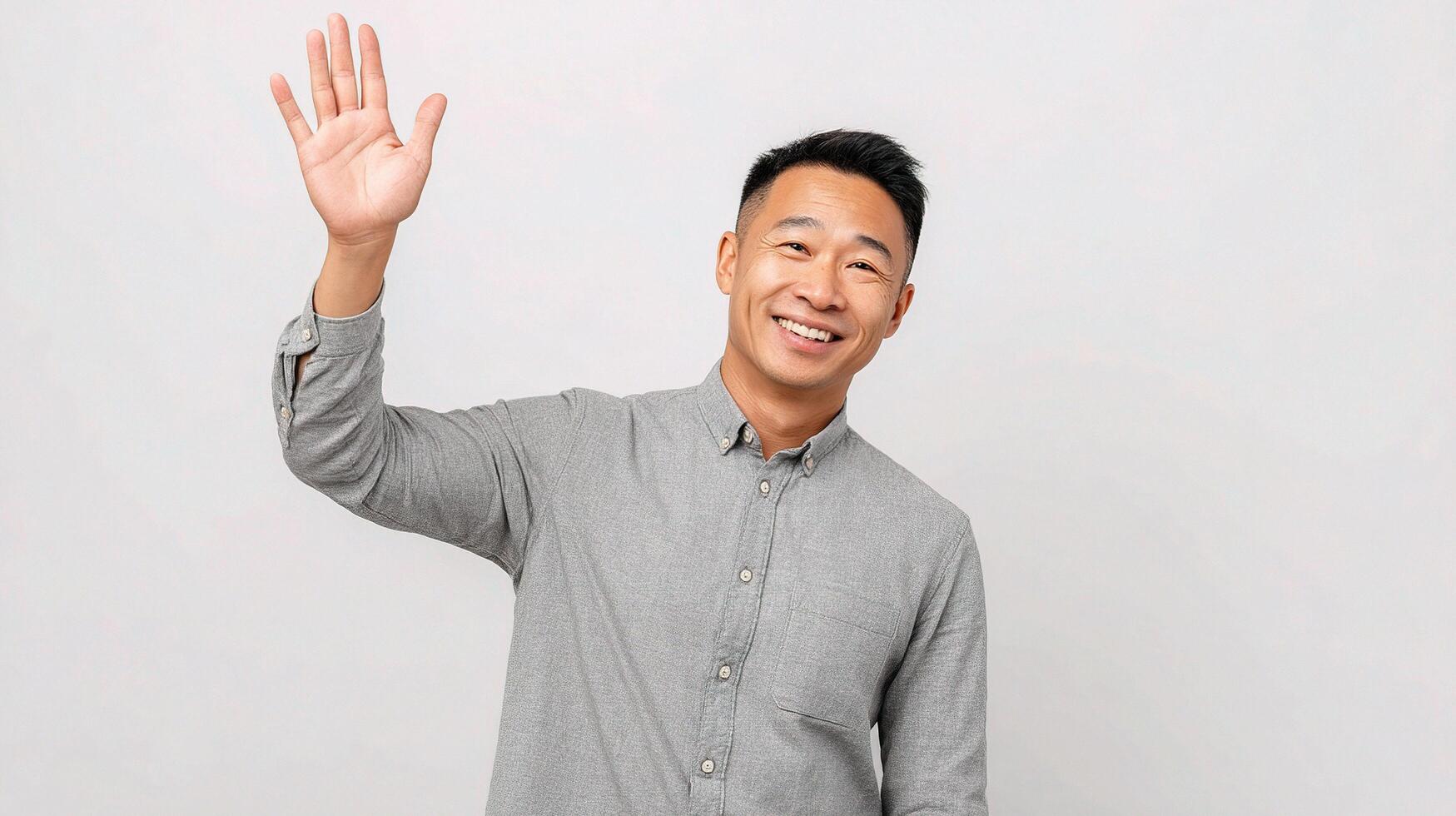 A man waving his hand up in the air photo