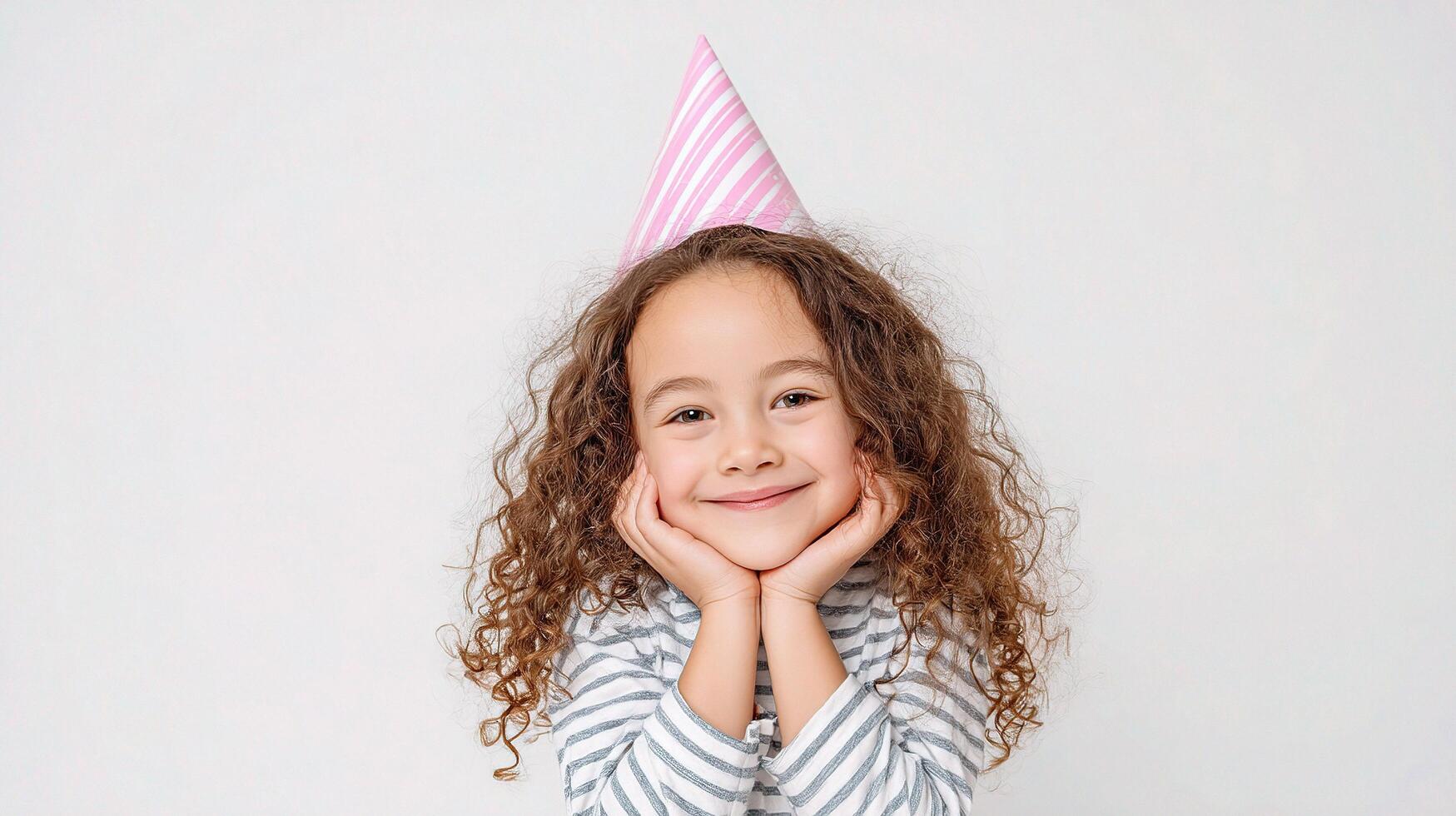 A little girl wearing a birthday hat photo