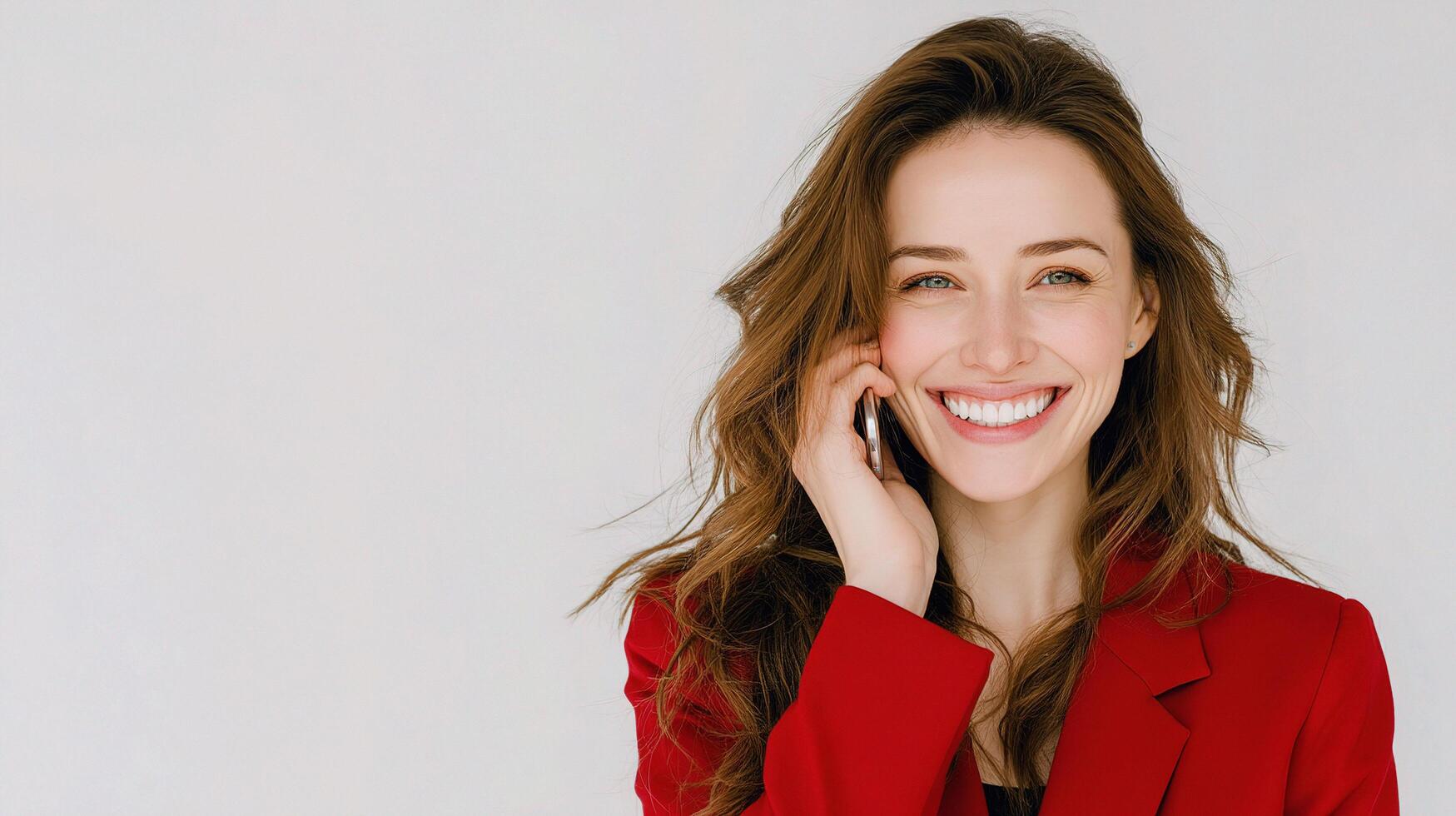 A woman in a red suit talking on a cell phone photo