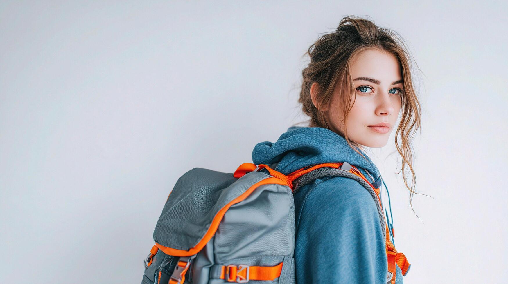 A young woman with a backpack on her shoulder photo