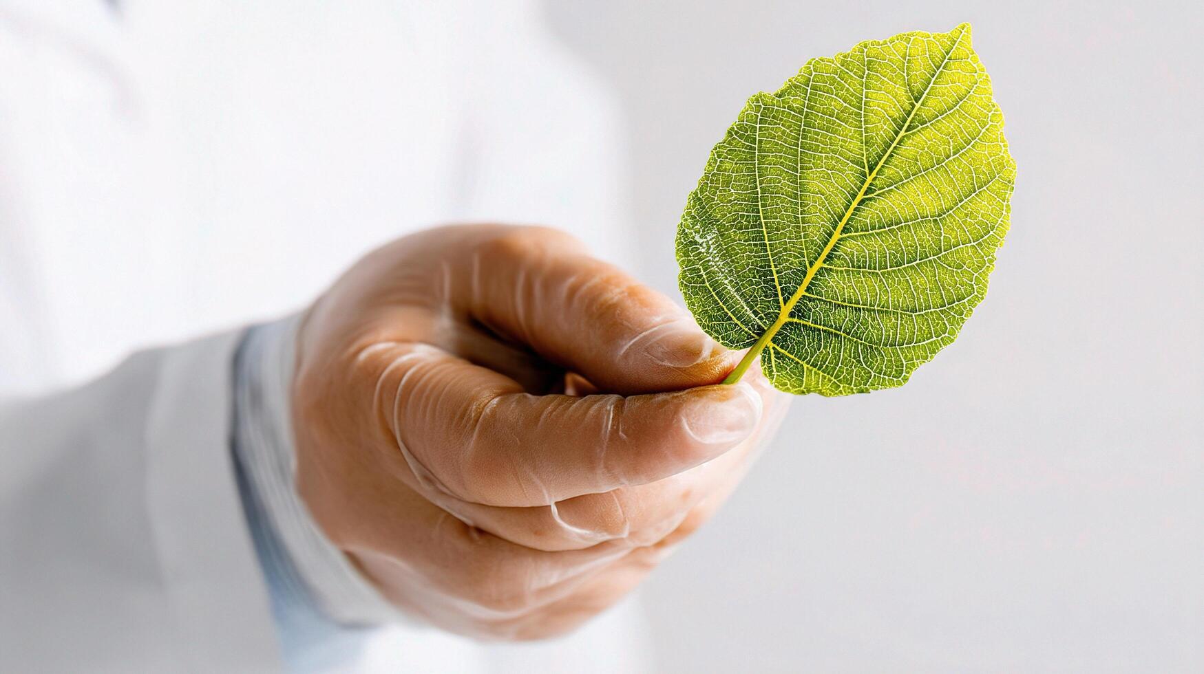 A person in a lab coat holding a leaf photo