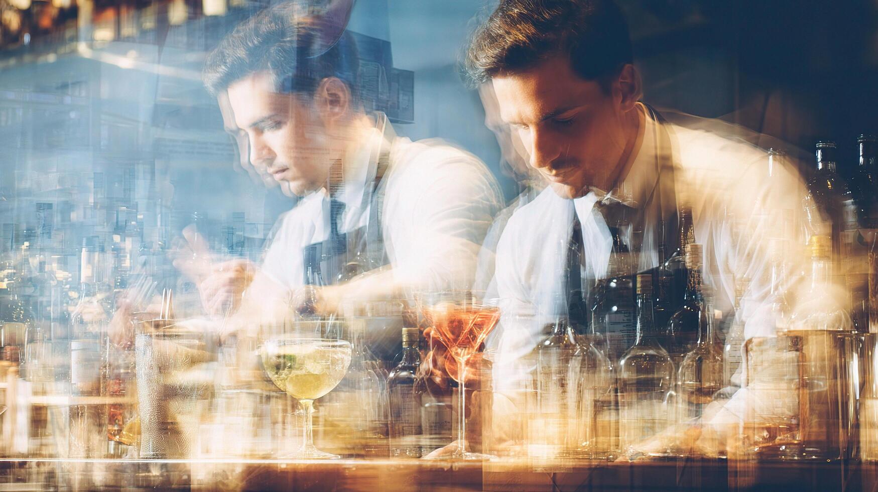 Two men are working at a bar counter photo