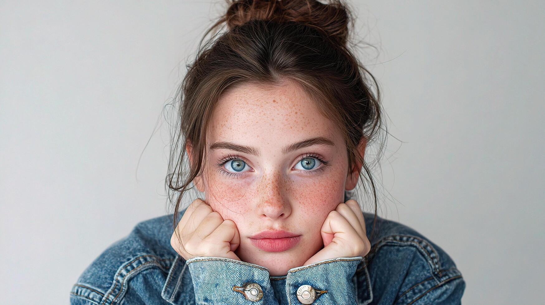 A young woman with freckles sitting on a chair photo