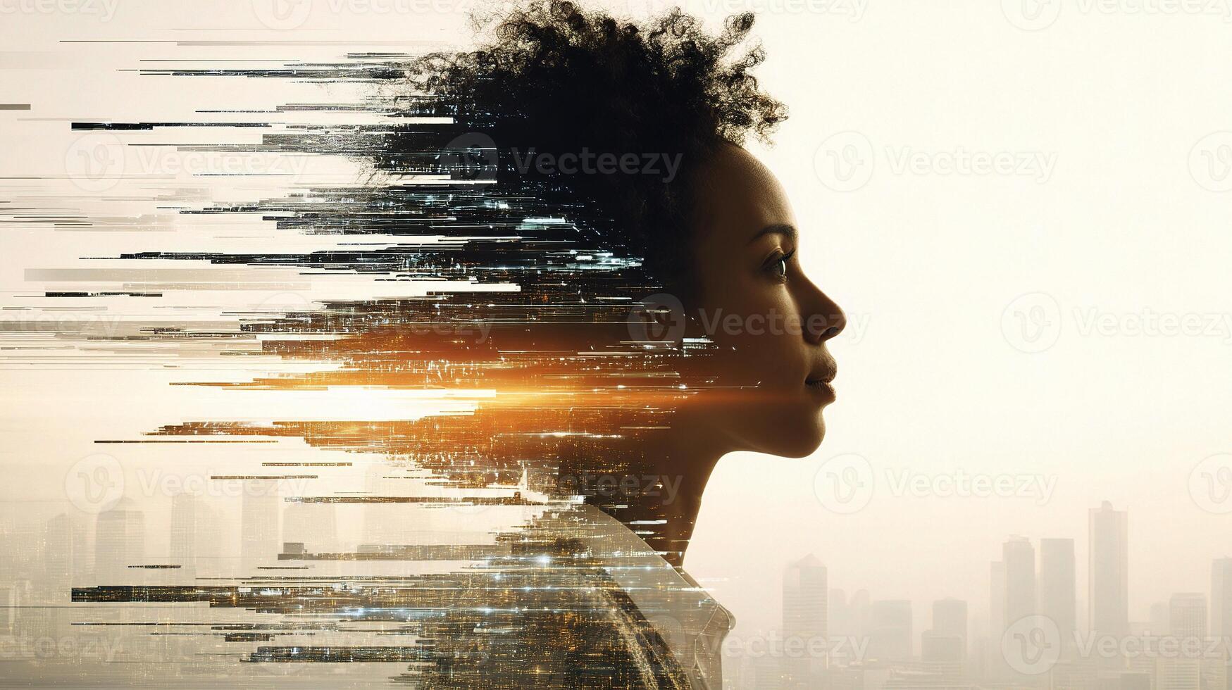 A woman's face is shown with a cityscape in the background photo