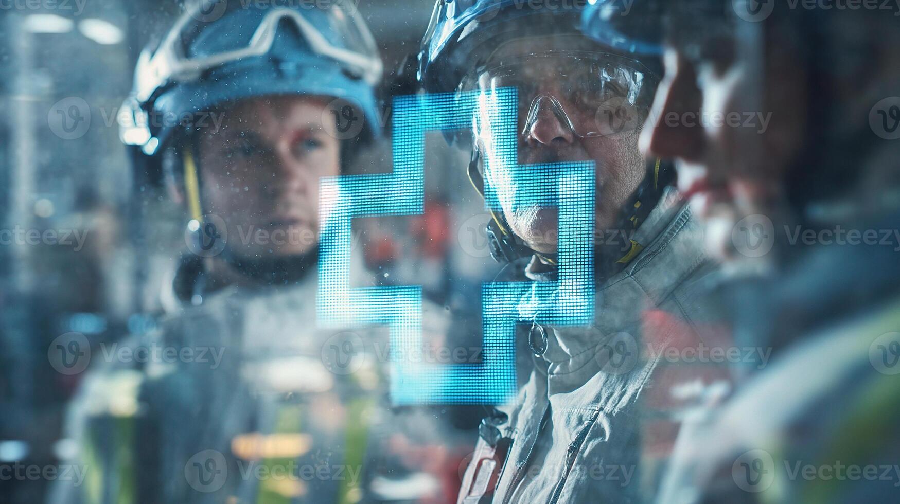 Three men in helmets looking at a computer screen photo