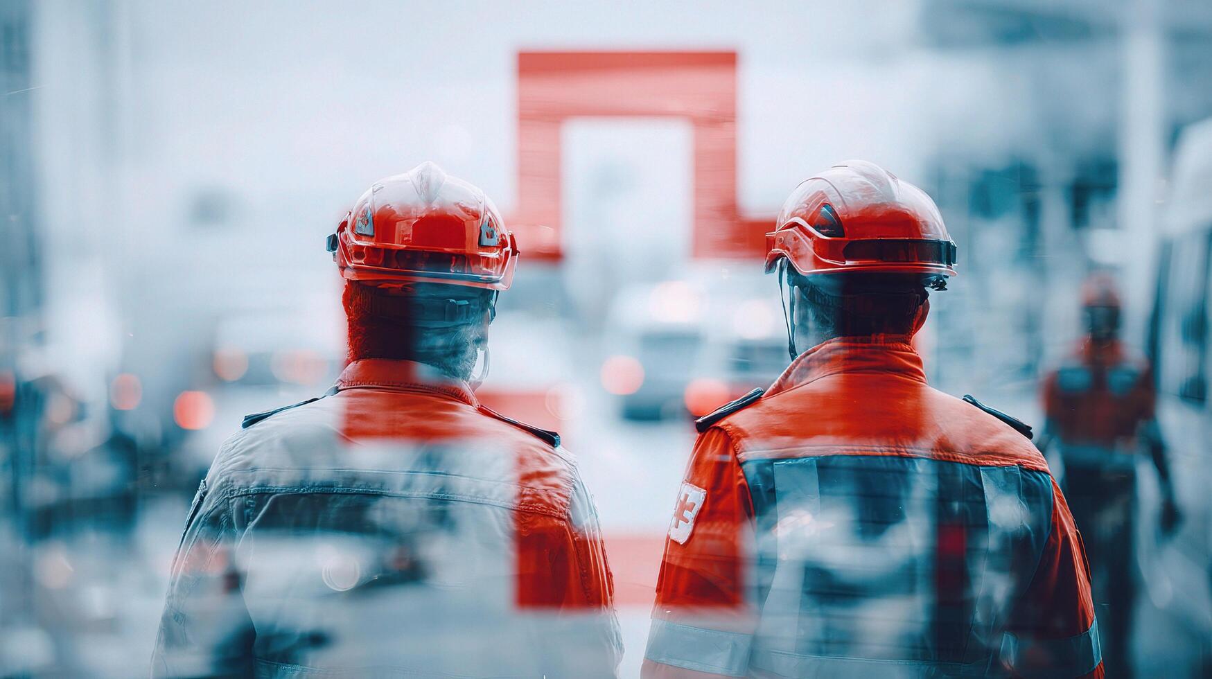 Two men in hard hats standing in front of a red cross photo