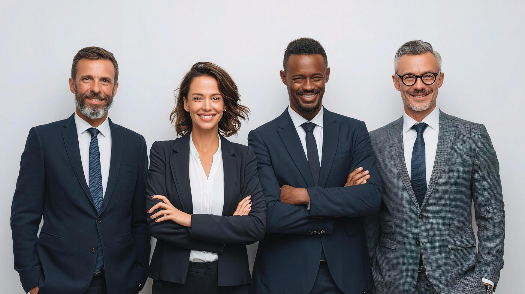 Five business people standing together in front of a white background photo
