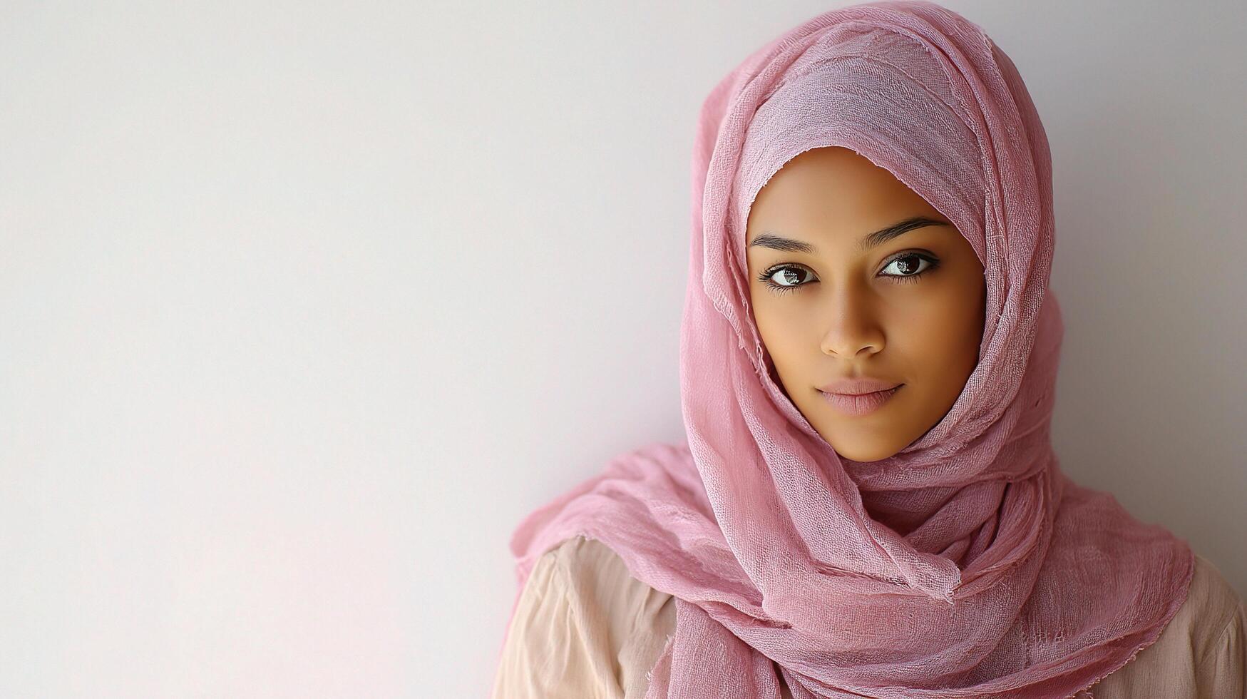 A beautiful young woman wearing a pink hijab photo