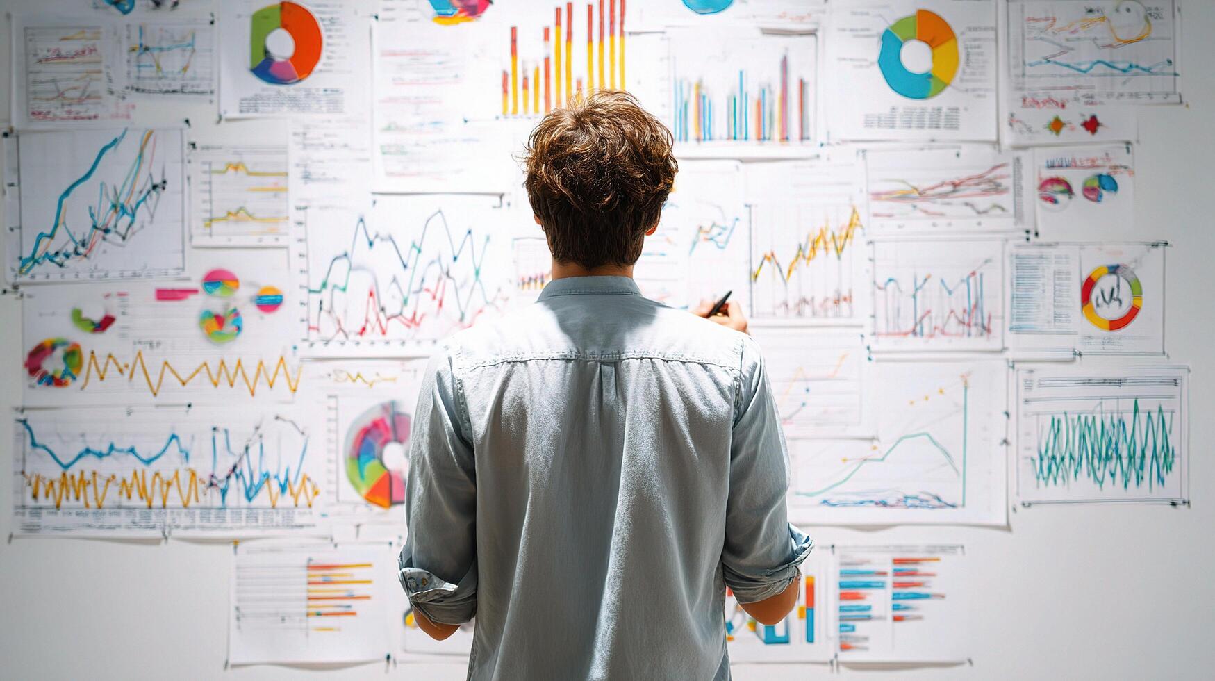 A man standing in front of a wall with graphs and charts photo