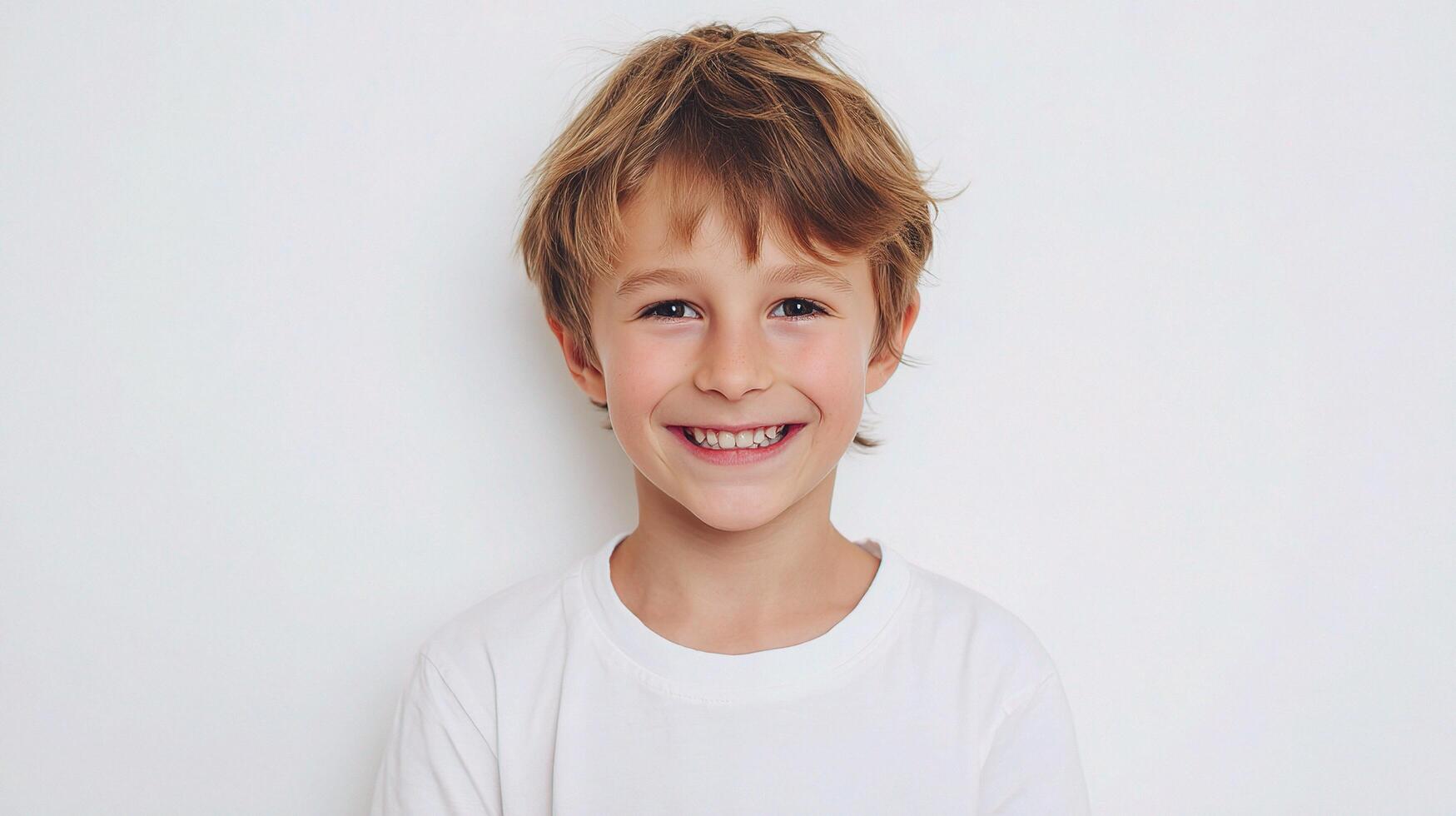 A young boy is smiling in front of a white wall photo