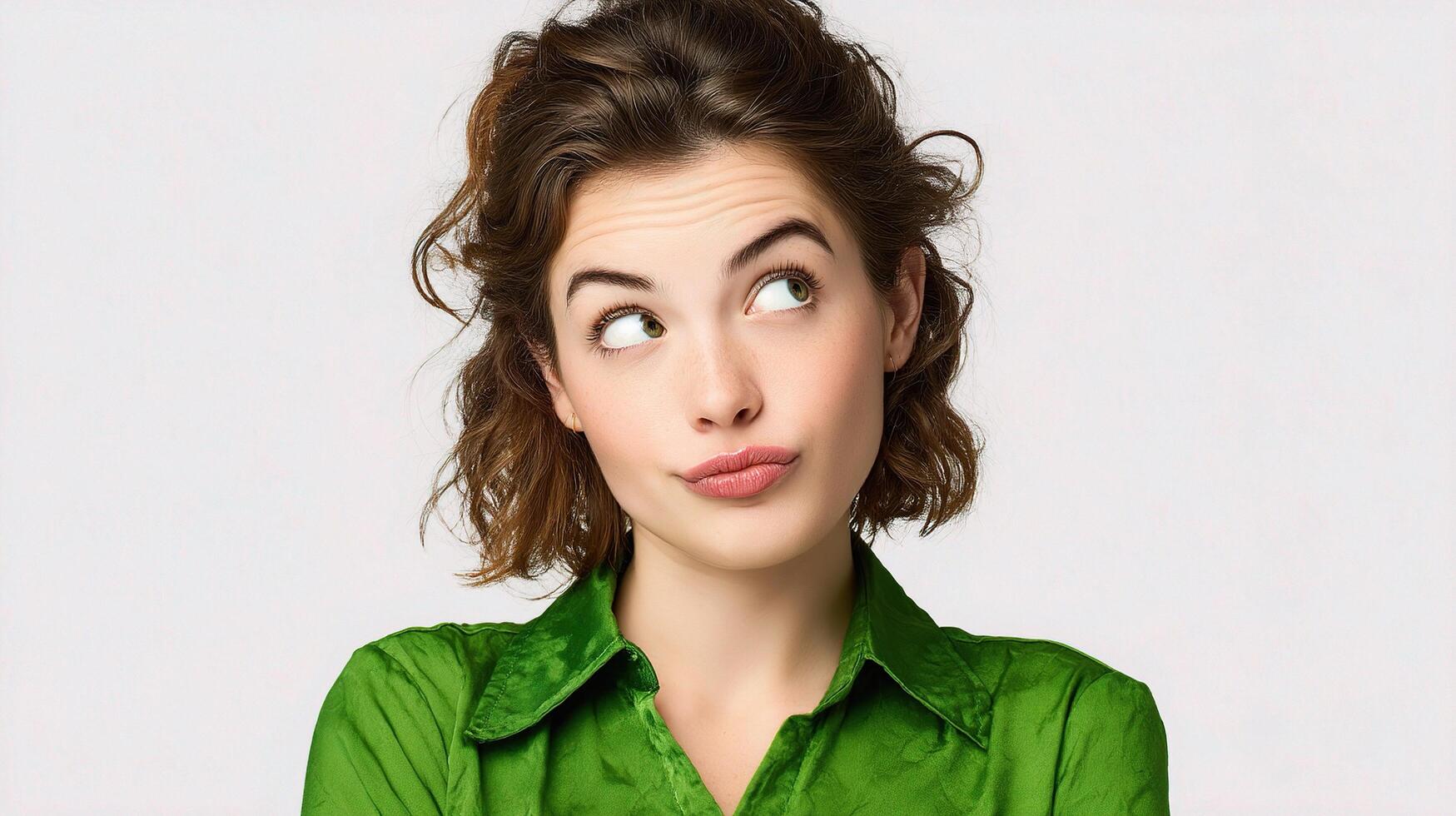 A woman in a green shirt is looking up photo