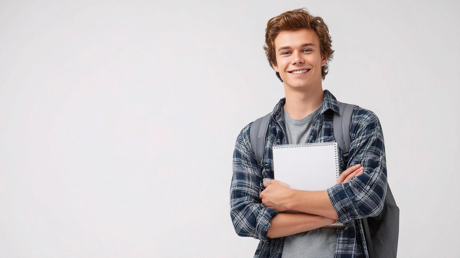 A smiling young man holding a notebook photo