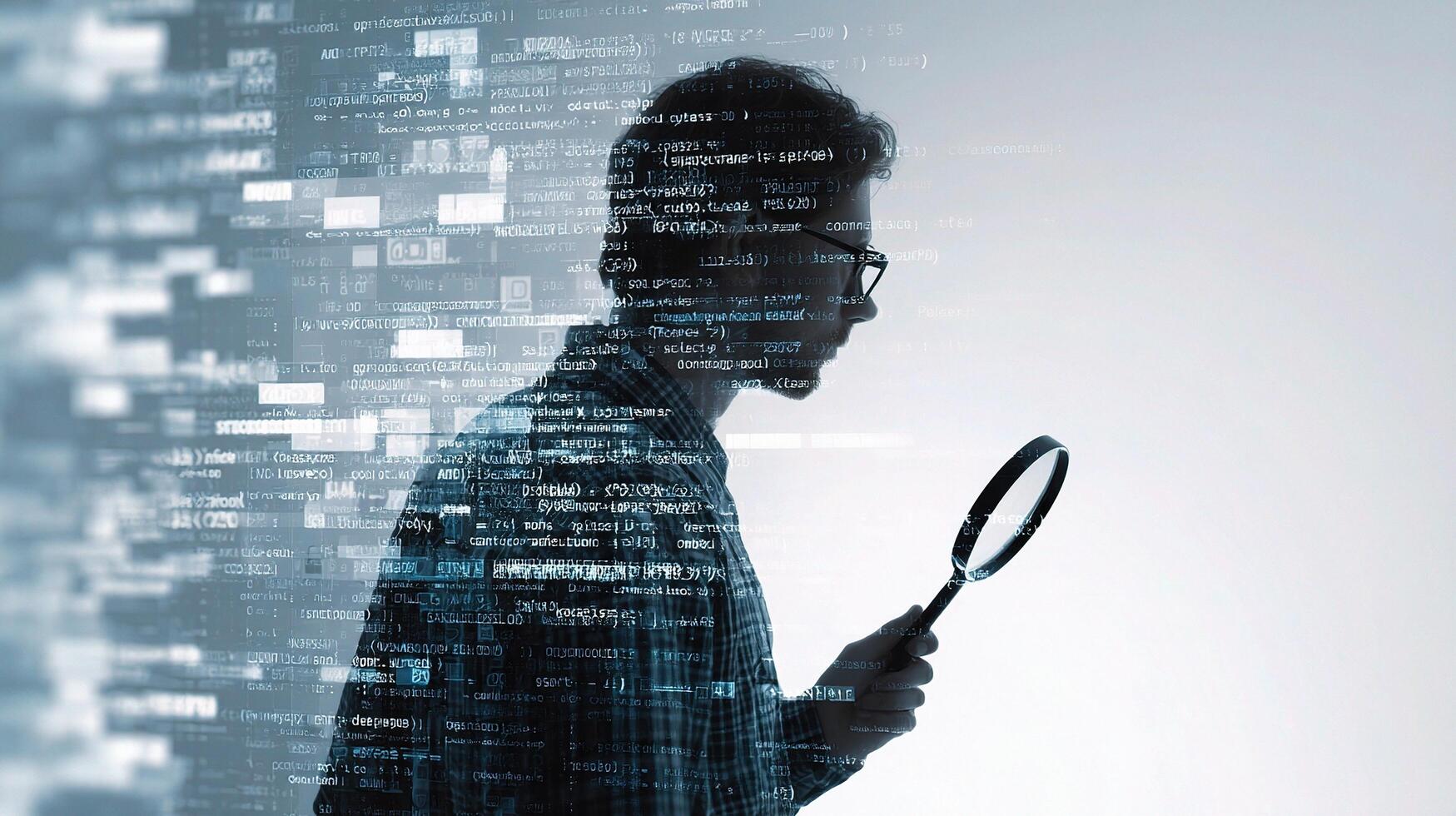 Man looking at digital data with magnifying glass photo