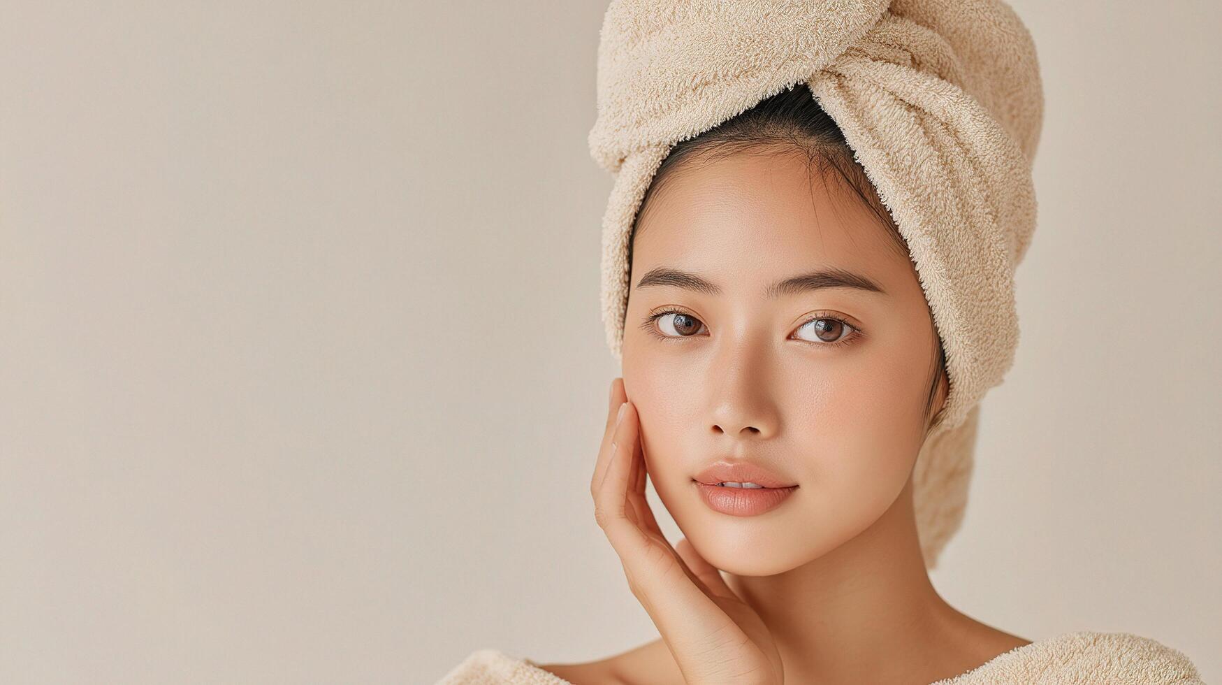 A woman in a towel with her hands on her face photo