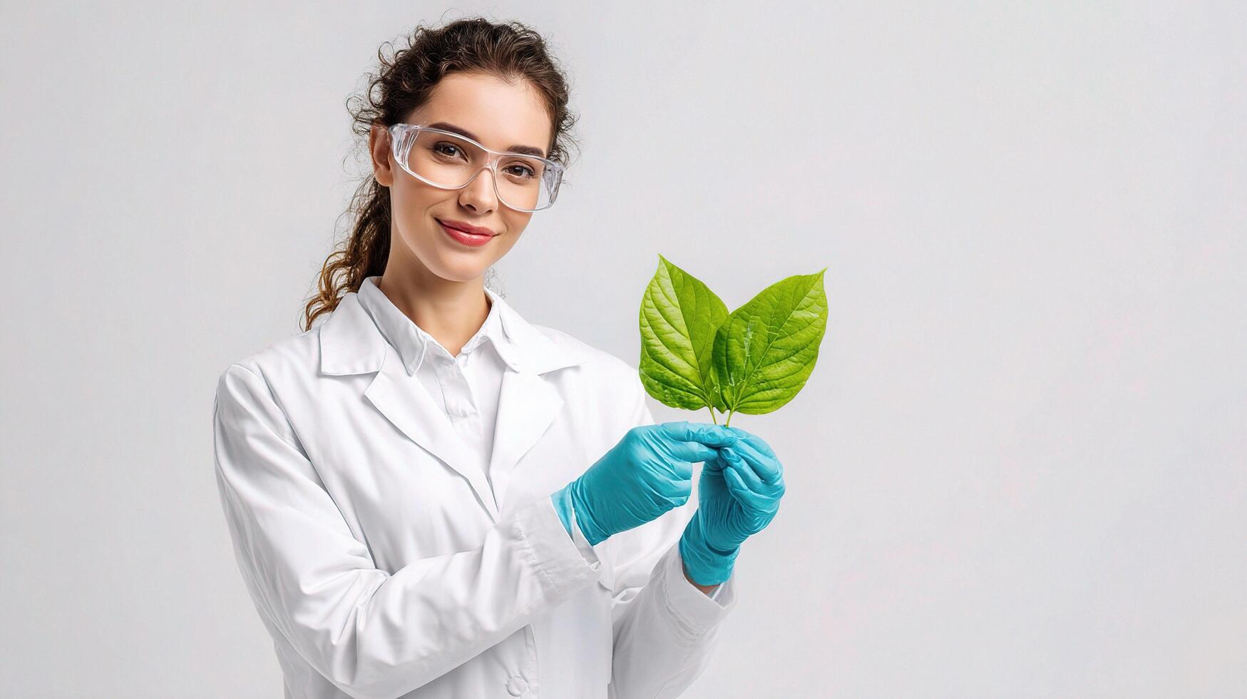 A woman in a lab coat holding a green leaf photo