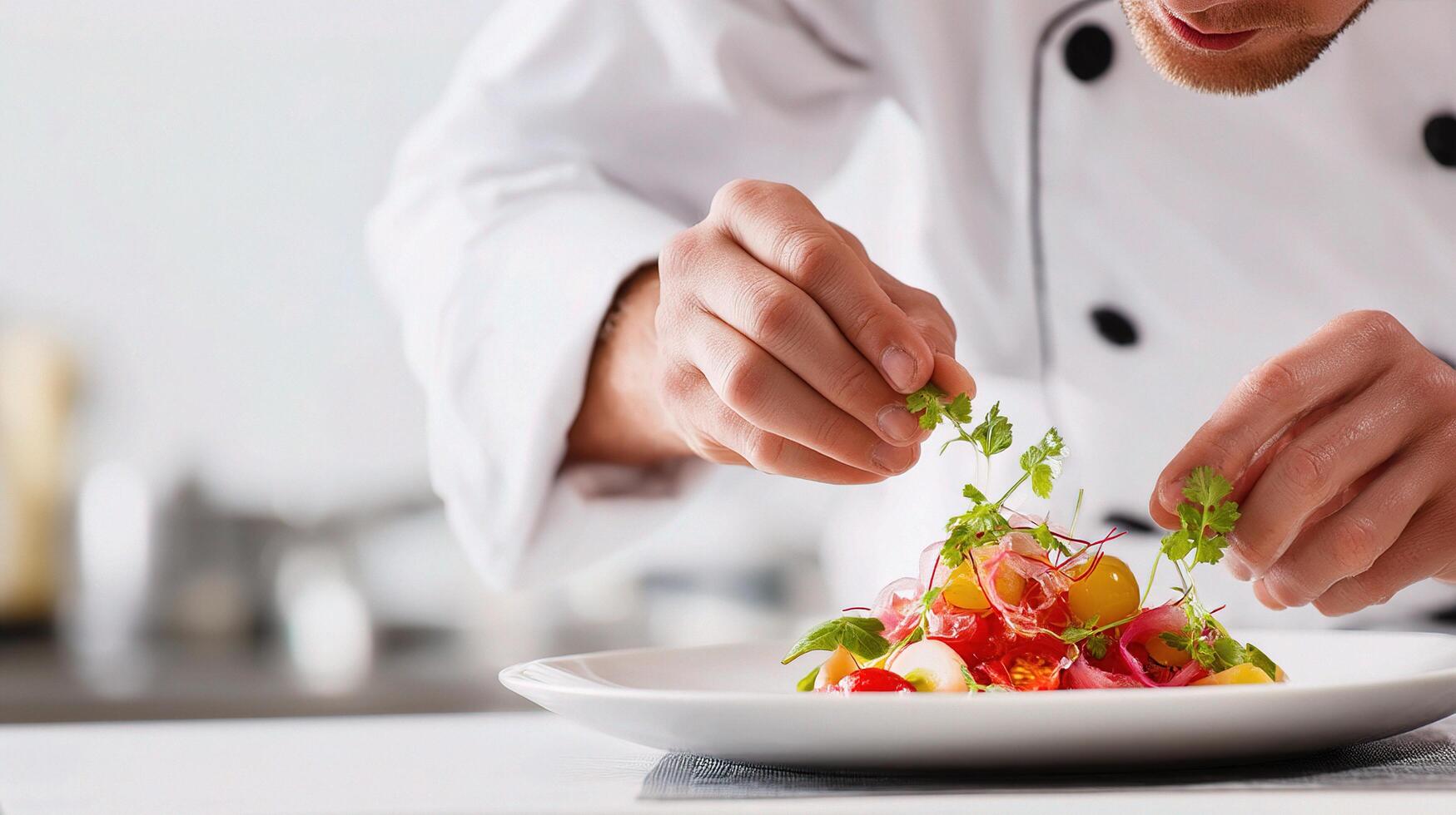Chef preparing a salad on a plate photo