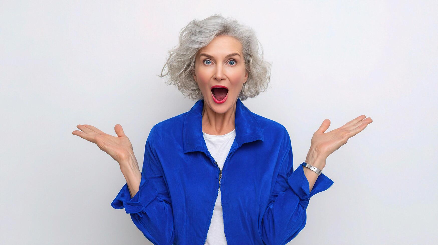 An older woman with her hands open and a surprised expression photo