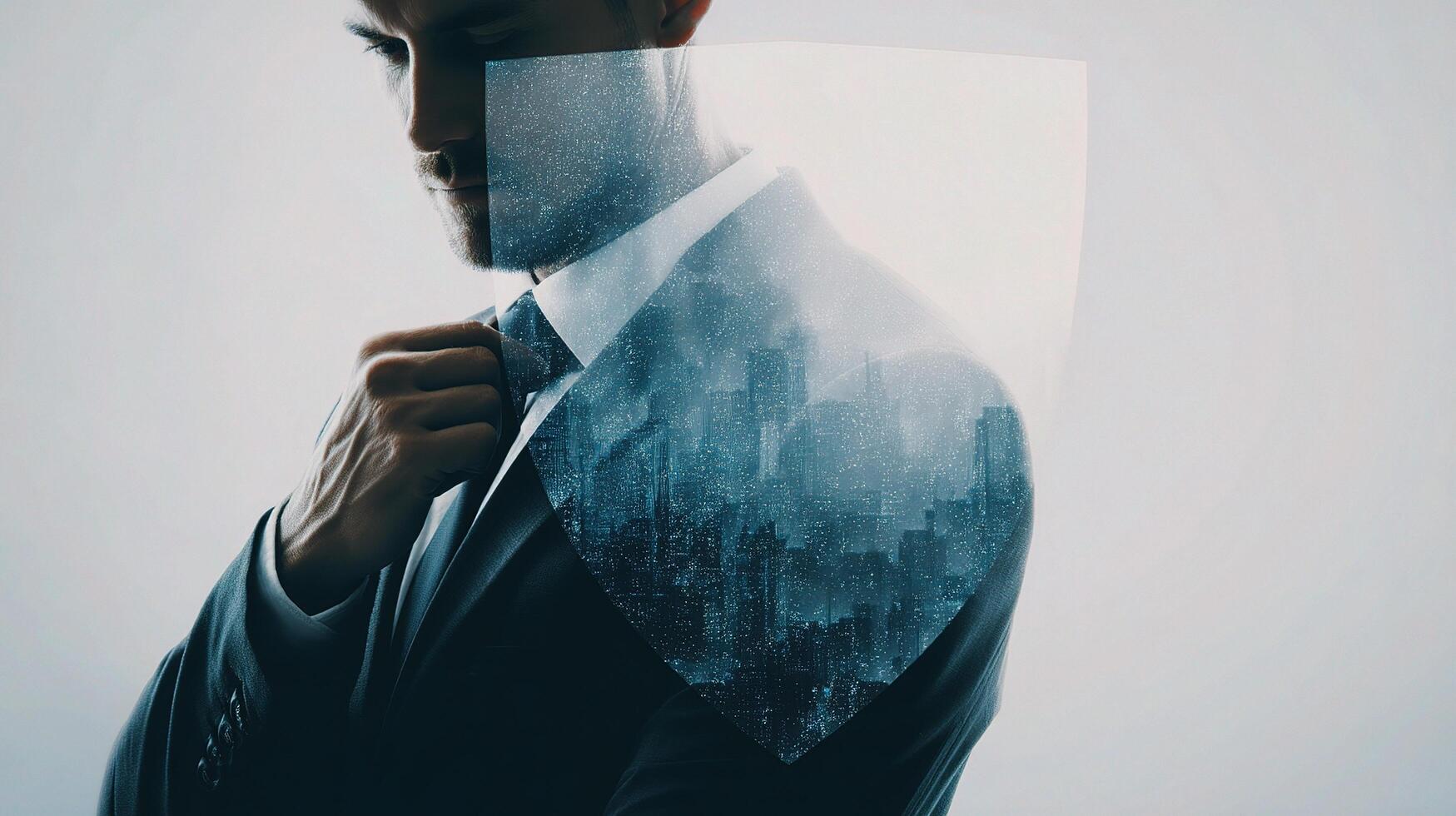 A man in a suit and tie is holding a shield photo