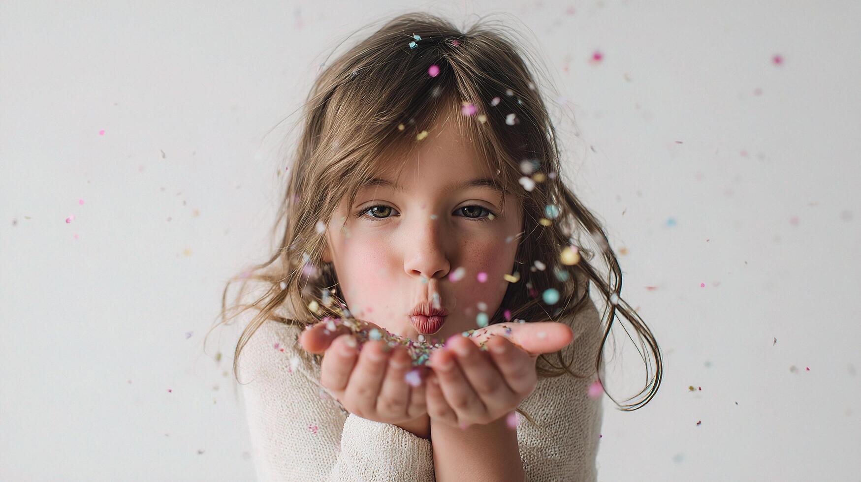 A little girl blowing confetti in front of a white background photo