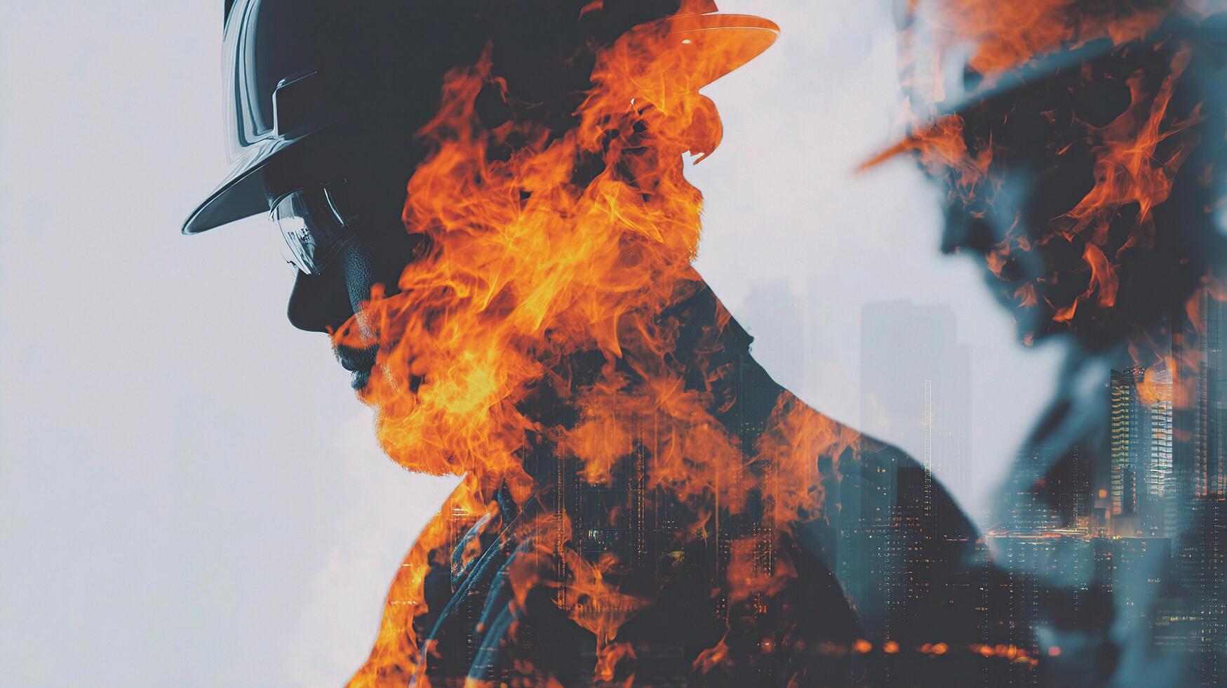 Two men in suits with fire on their faces photo