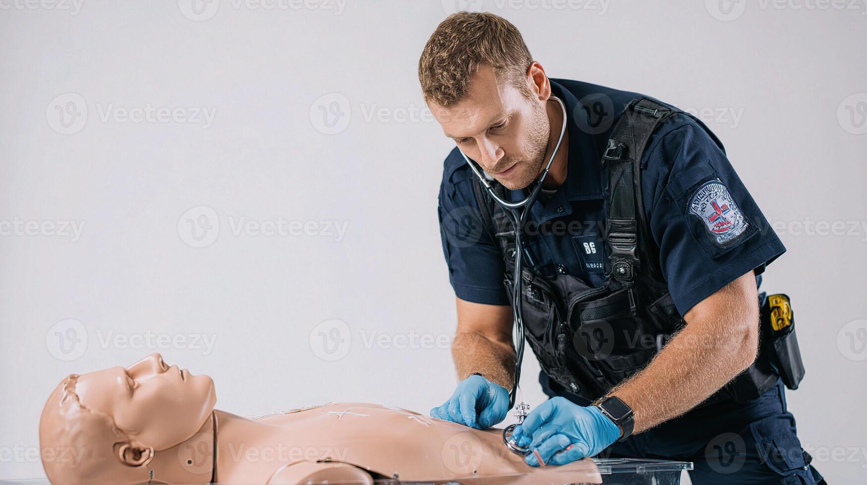 A man in blue uniform is working on a dummy photo