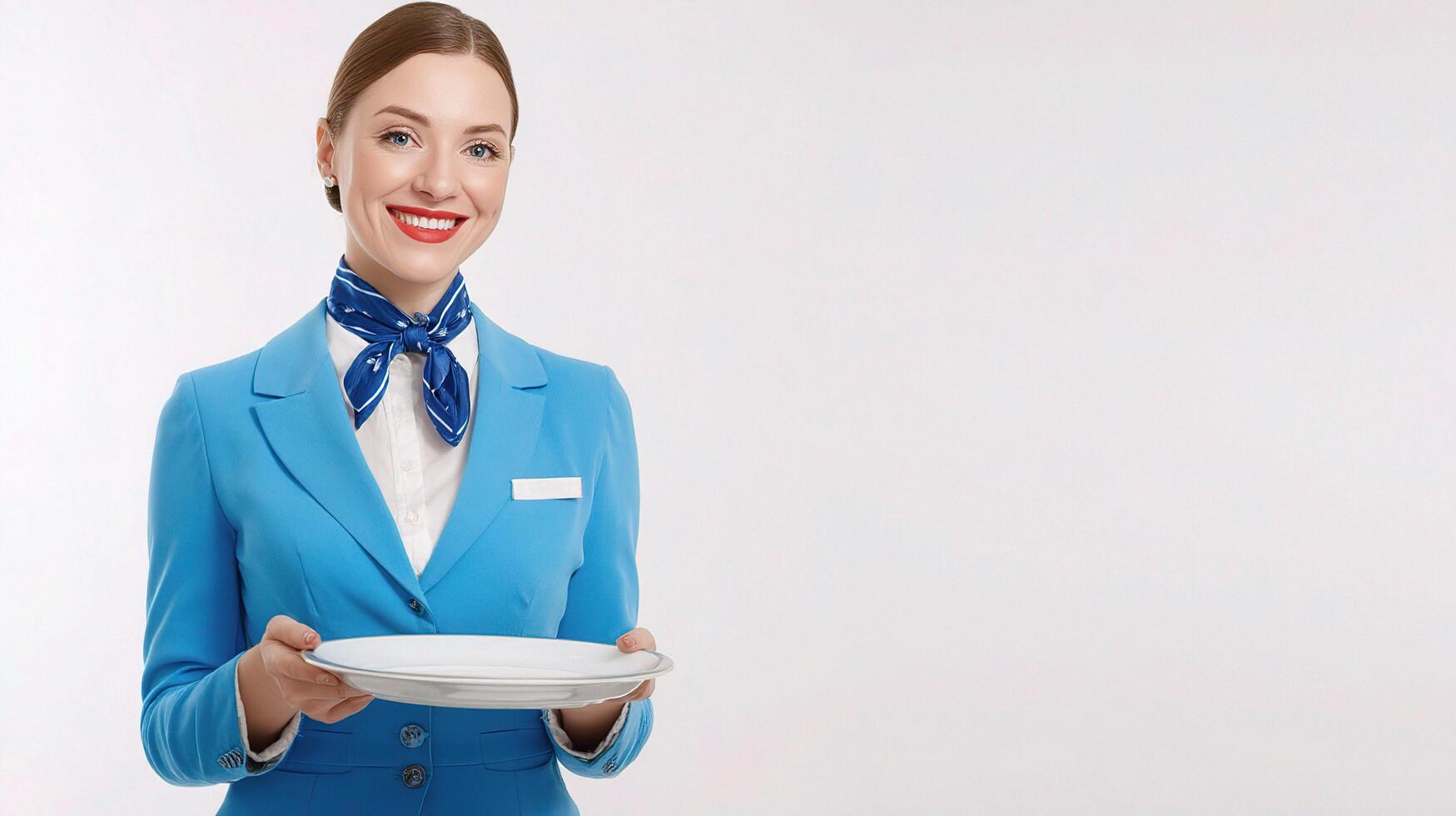 A woman in a blue uniform holding a plate photo