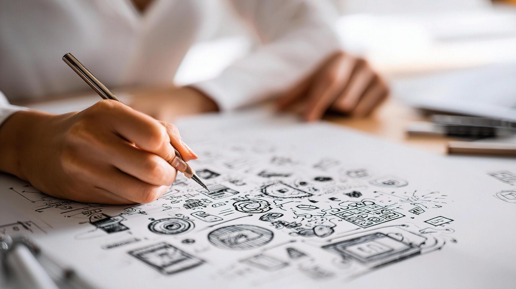 Professional Graphic Designer Sketching Icons on White Backdrop photo