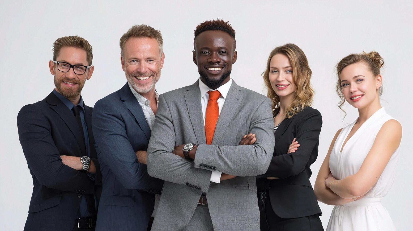 Group of Five Confident Professionals Posing Together in Studio photo