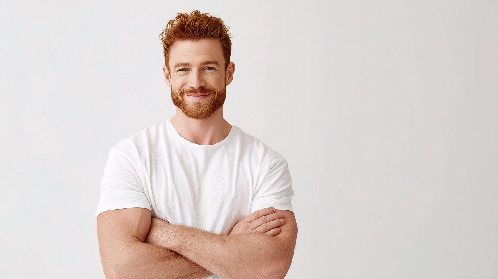 A man with red hair and beard is standing with his arms crossed photo