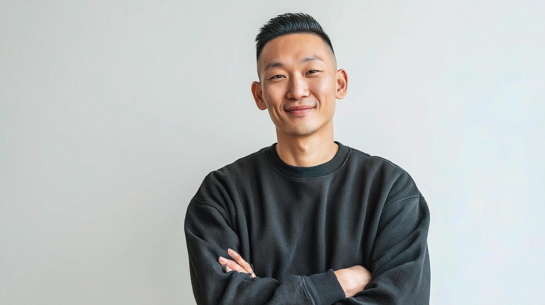 A man in a black sweatshirt standing with his arms crossed photo