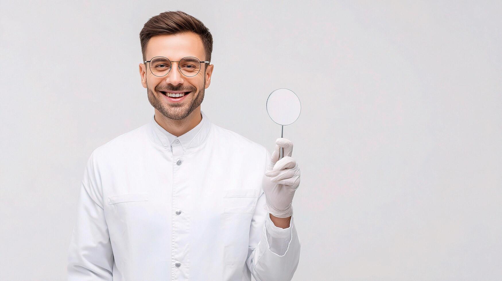 Smiling man in white lab coat holding a magnifying glass photo