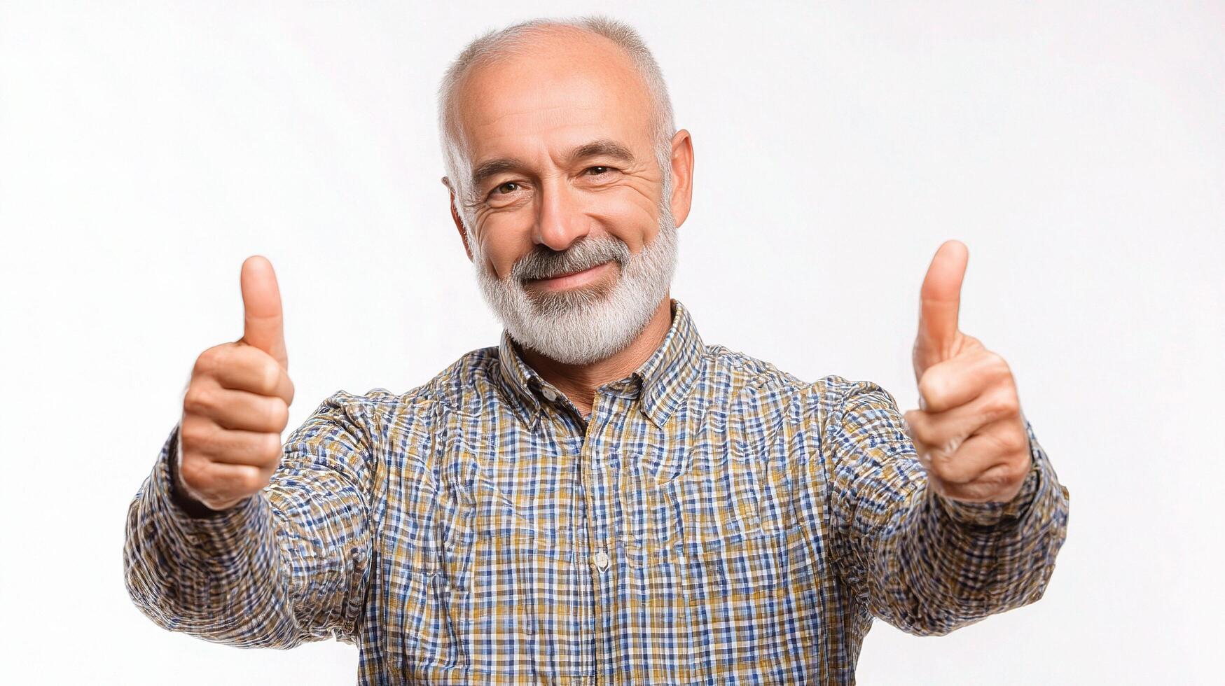 An older man with a beard and a plaid shirt giving the thumbs up photo