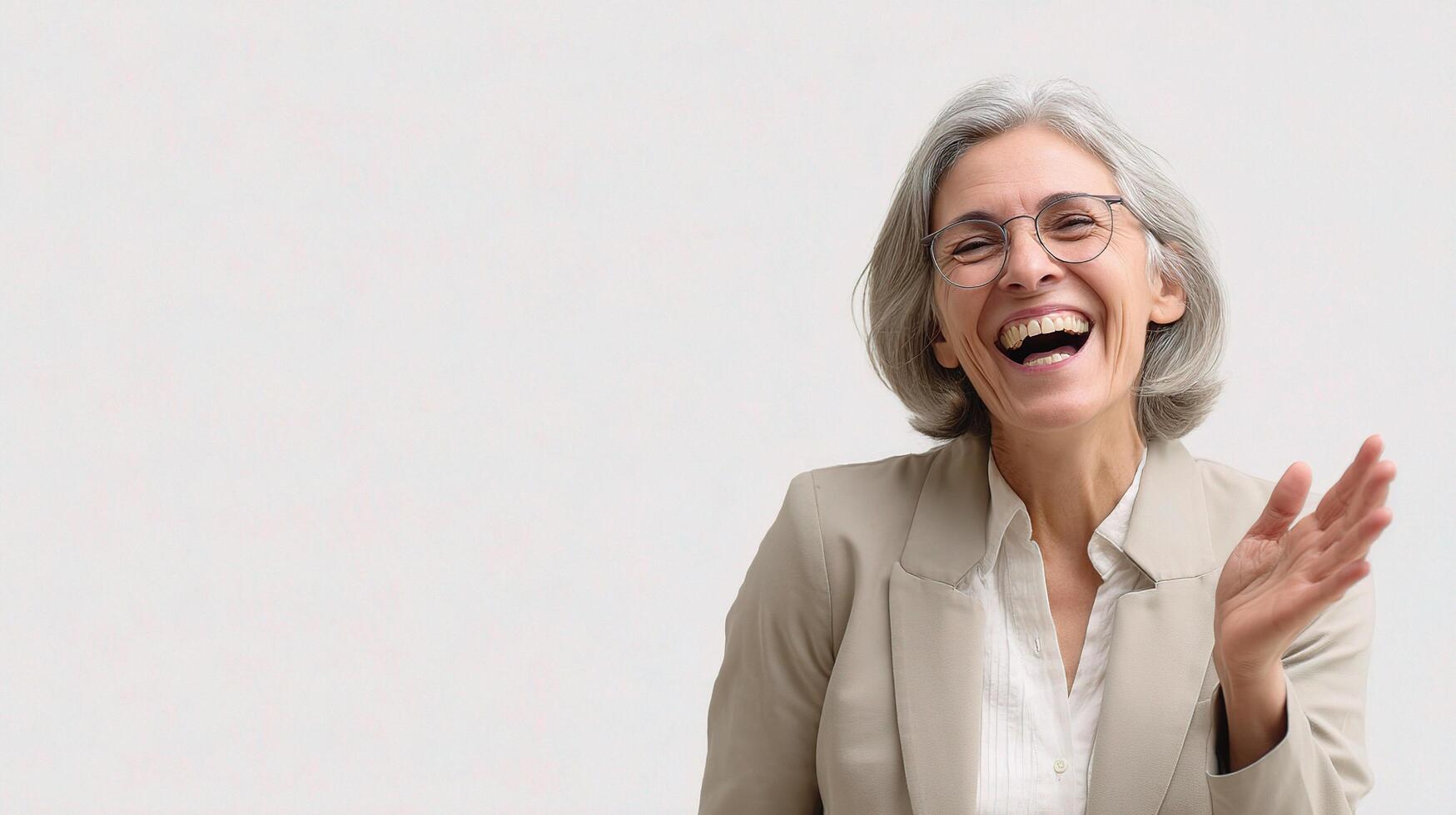 A woman laughing and waving her hands photo