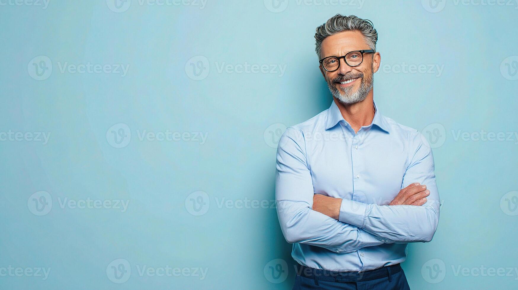 A man with glasses and a beard standing in front of a blue wall photo
