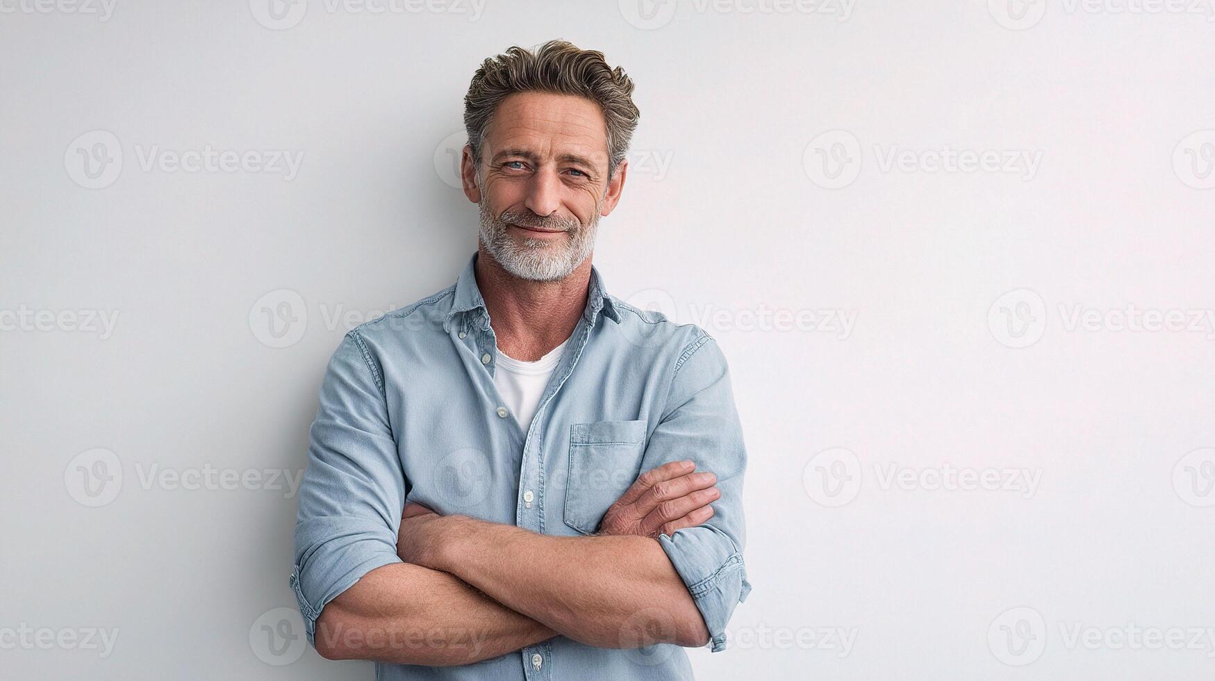 A man with a beard and a blue shirt standing in front of a white wall photo
