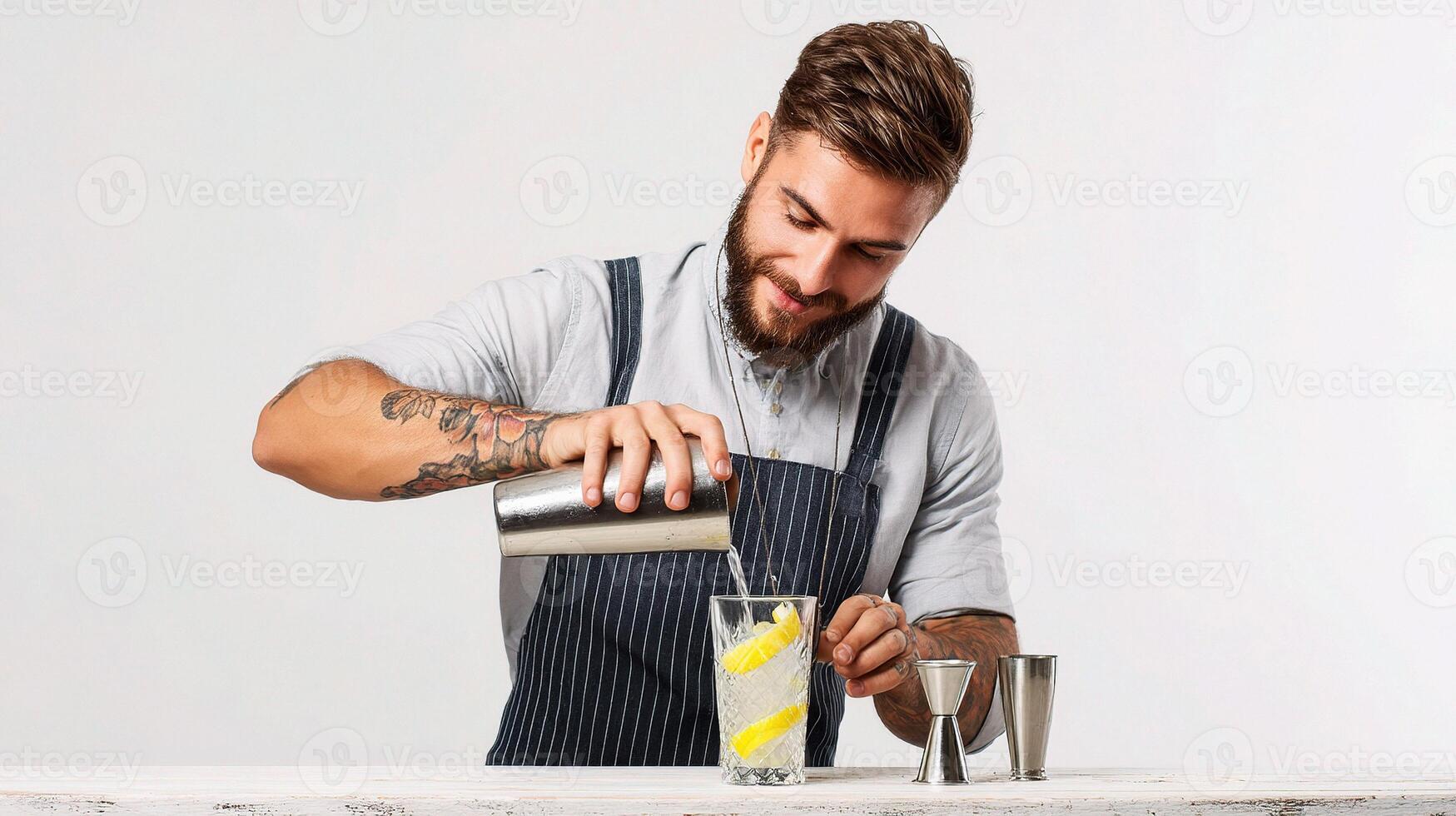 A man with a beard and apron is making a cocktail photo